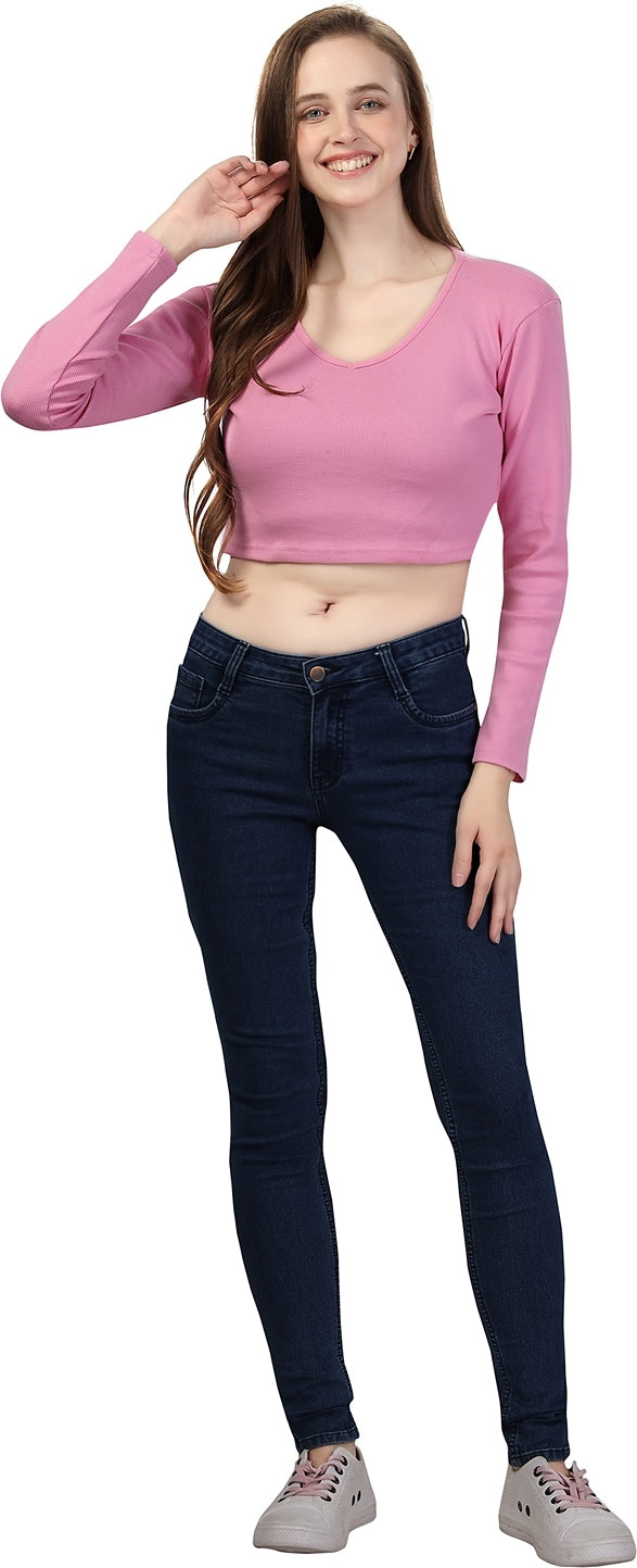 Fabme Women's Rib Pink V Neck Crop Top
