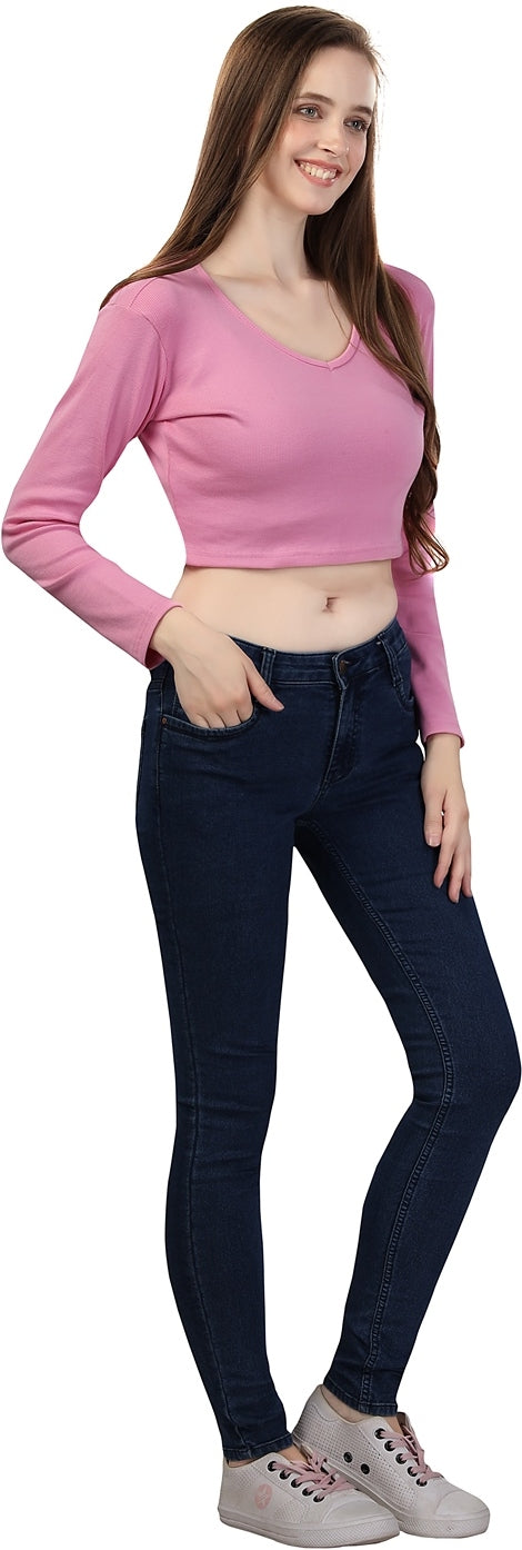 Fabme Women's Rib Pink V Neck Crop Top
