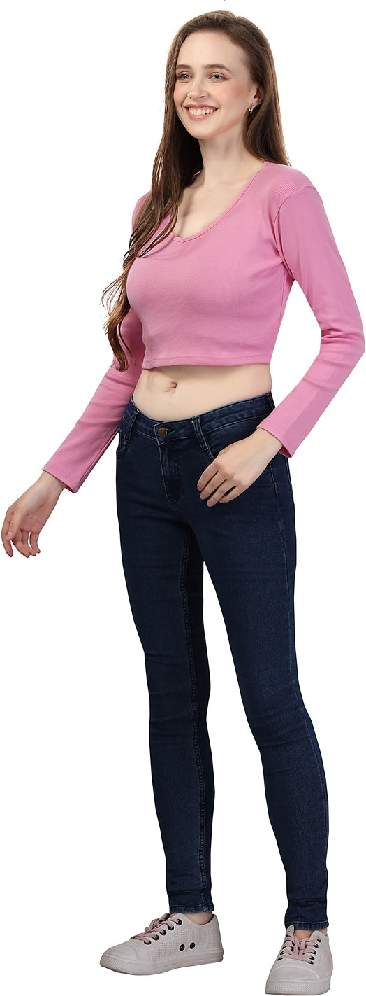 Fabme Women's Rib Pink V Neck Crop Top