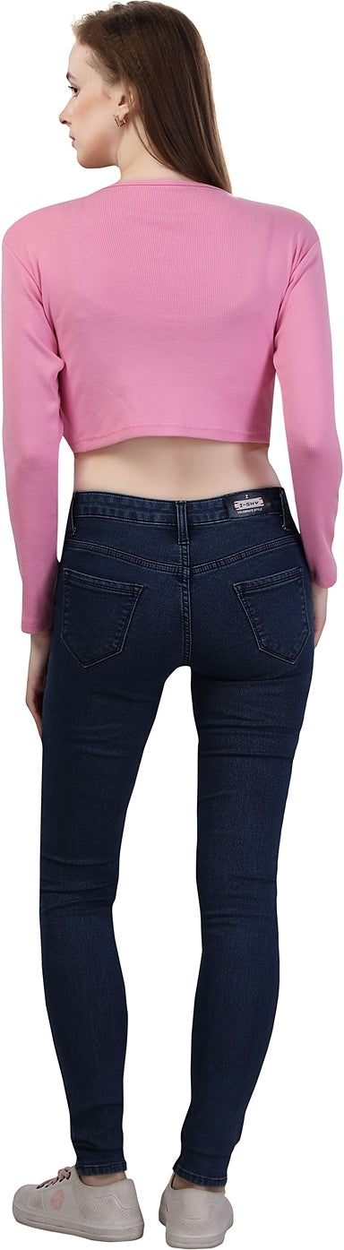 Fabme Women's Rib Pink V Neck Crop Top