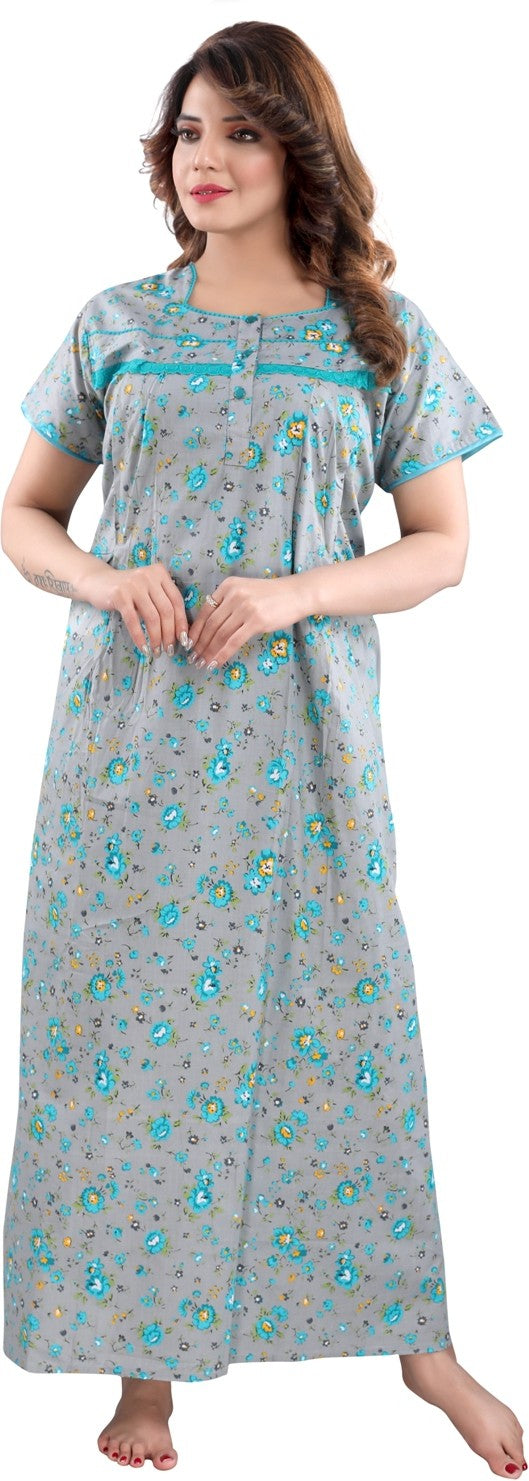 Fabme Women's grey Horizontal Zip Cotton Full Length Maternity Night Dress Nighty