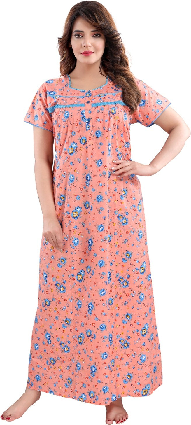 Fabme Women's Orange Horizontal Zip Cotton Full Length Maternity Night Dress Nighty