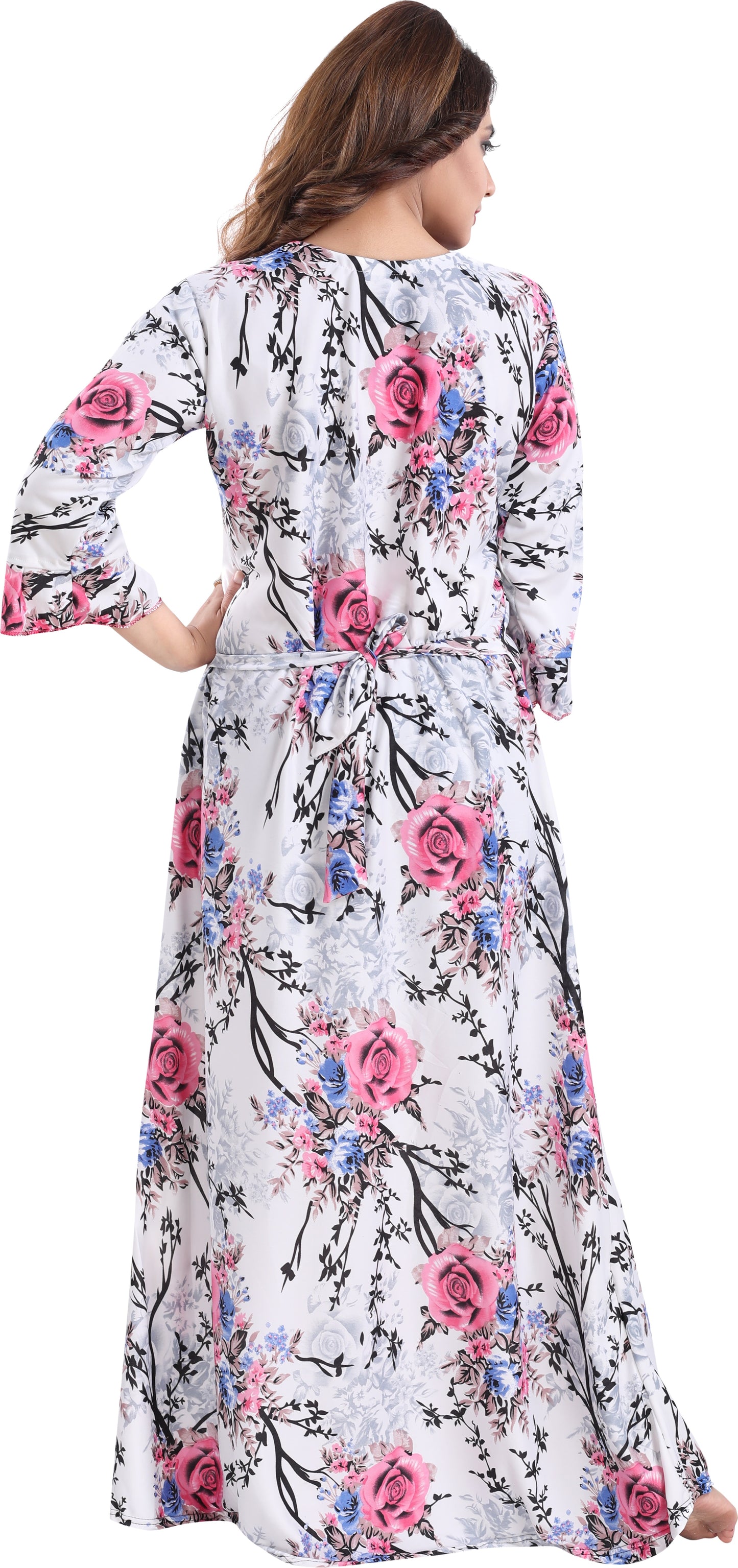 Fabme Women's Pink Printed Sarina Satin / Polyester Full Length EveryDay Night Dress Nighty