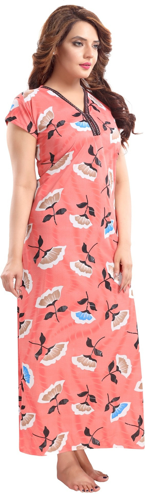 Fabme Women's Red Printed Sarina Satin / Polyester Full Length EveryDay Night Dress Nighty