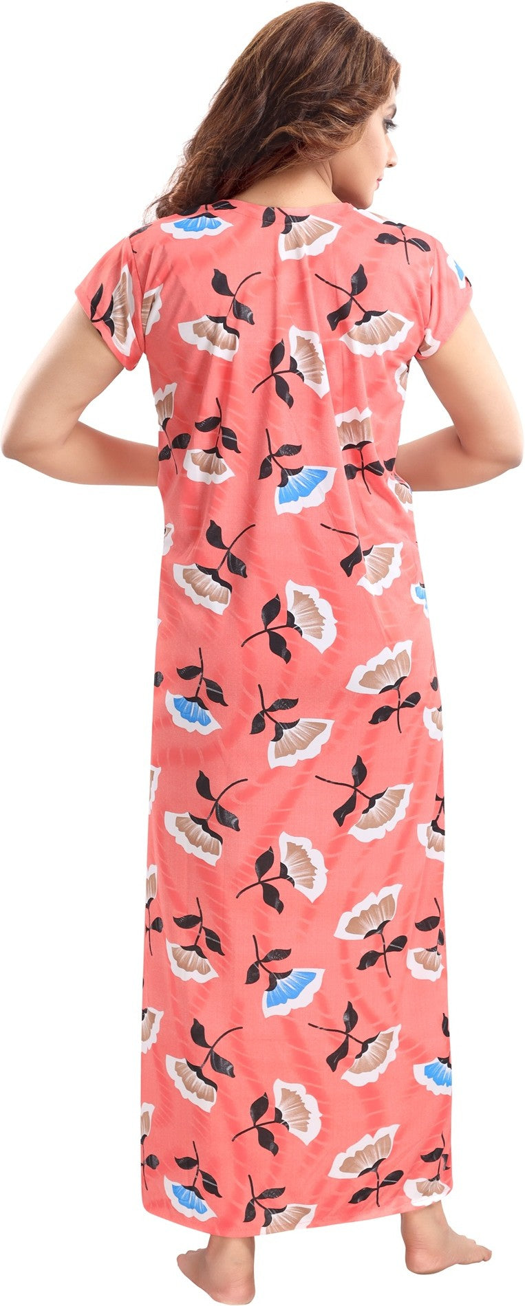 Fabme Women's Red Printed Sarina Satin / Polyester Full Length EveryDay Night Dress Nighty