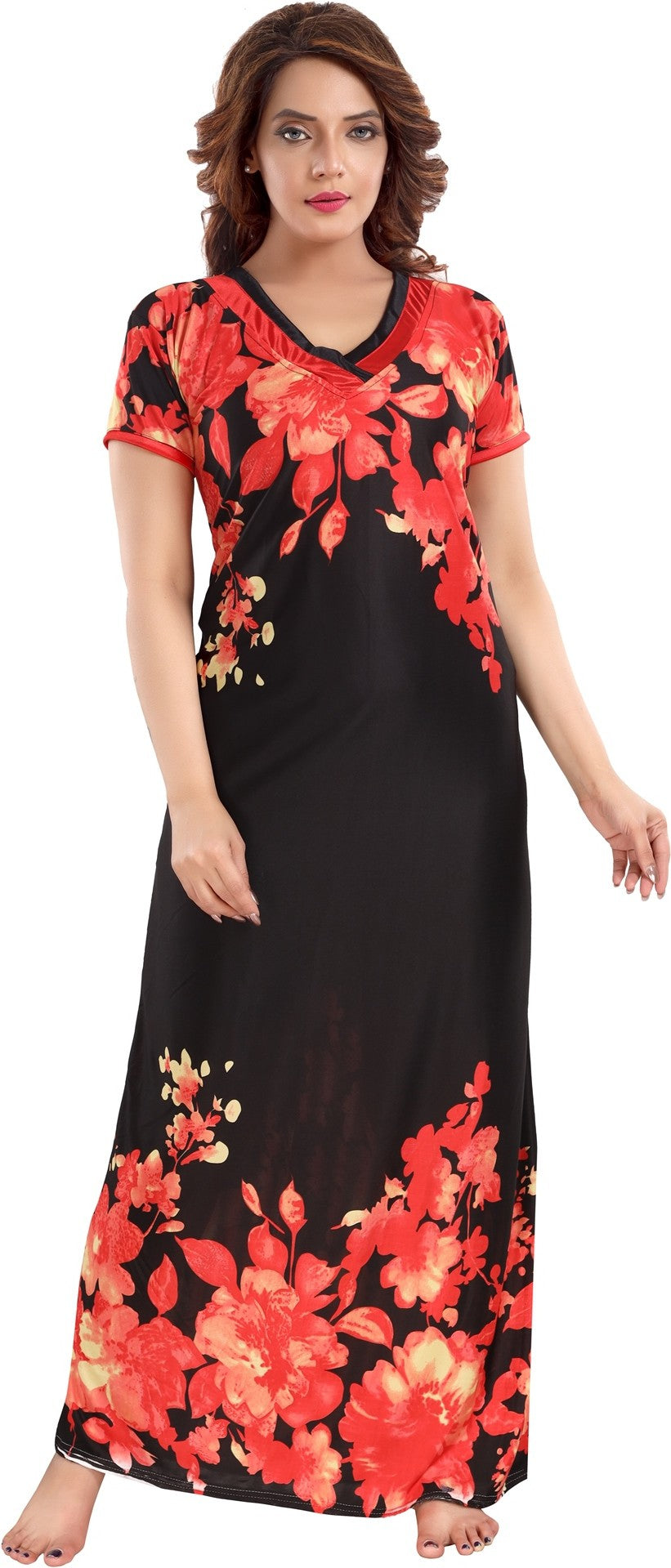 Fabme Women's Red Printed Sarina Satin / Polyester Full Length EveryDay Night Dress Nighty