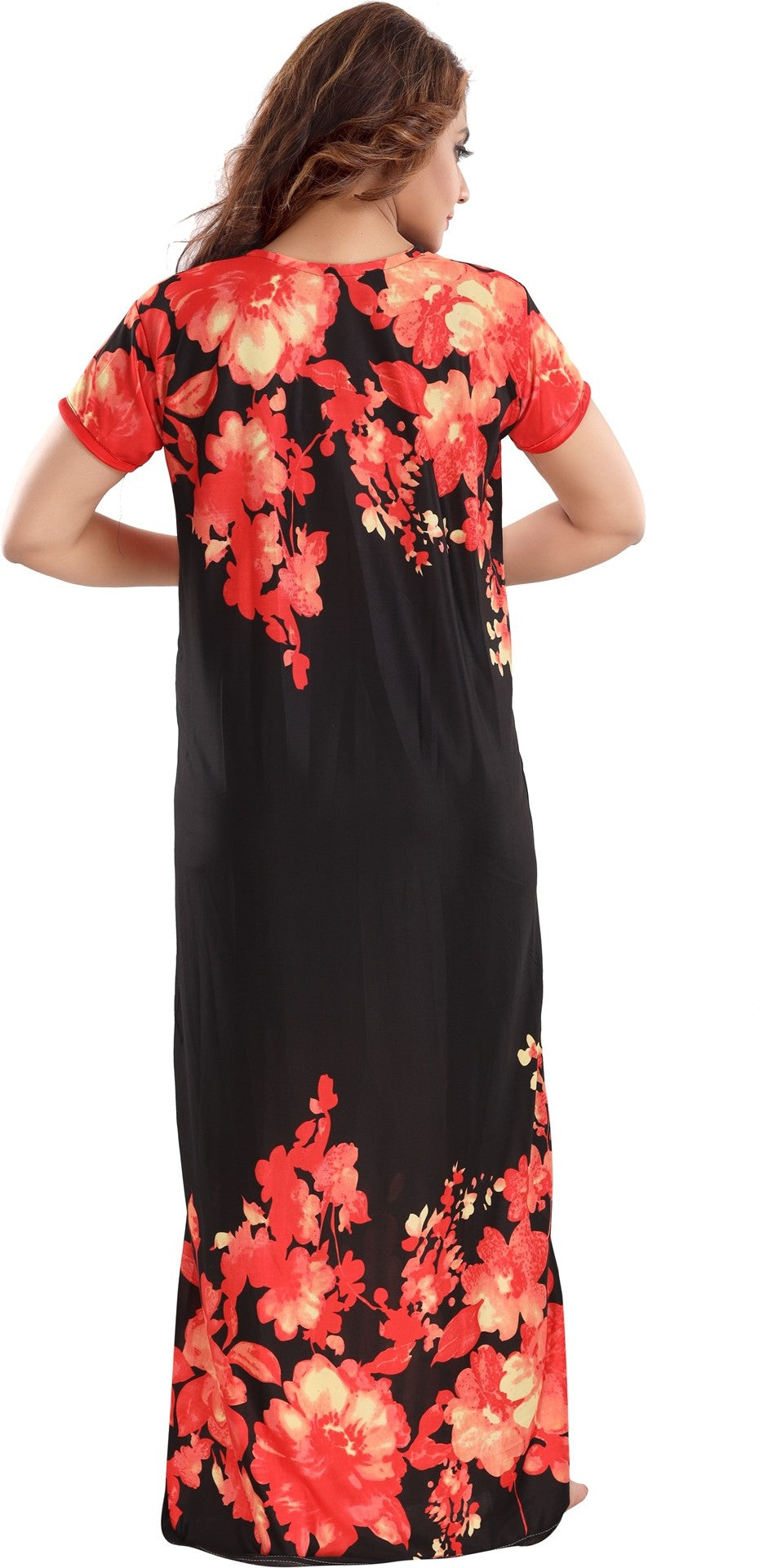 Fabme Women's Red Printed Sarina Satin / Polyester Full Length EveryDay Night Dress Nighty