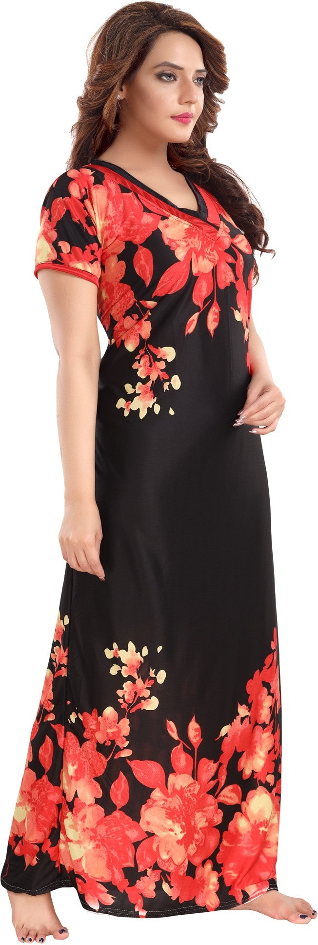 Fabme Women's Red Printed Sarina Satin / Polyester Full Length EveryDay Night Dress Nighty