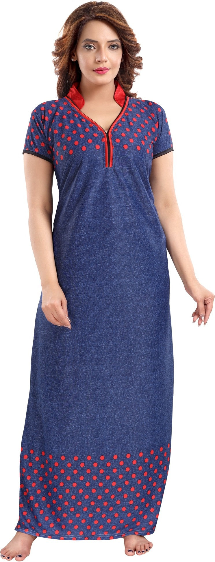 Fabme Women's Red Printed Sarina Satin / Polyester Full Length EveryDay Night Dress Nighty