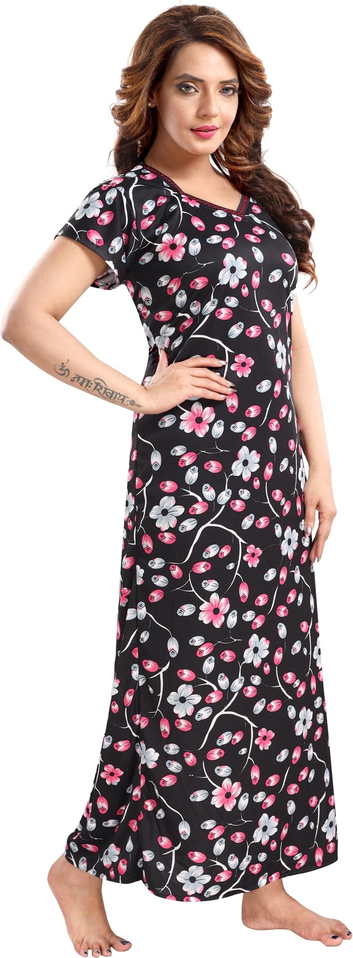 Fabme Women's Pink Printed Sarina Satin / Polyester Full Length EveryDay Night Dress Nighty