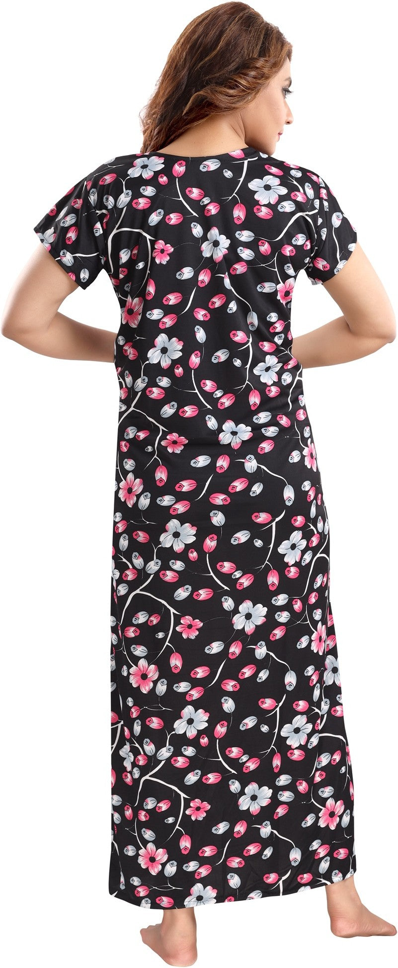 Fabme Women's Pink Printed Sarina Satin / Polyester Full Length EveryDay Night Dress Nighty