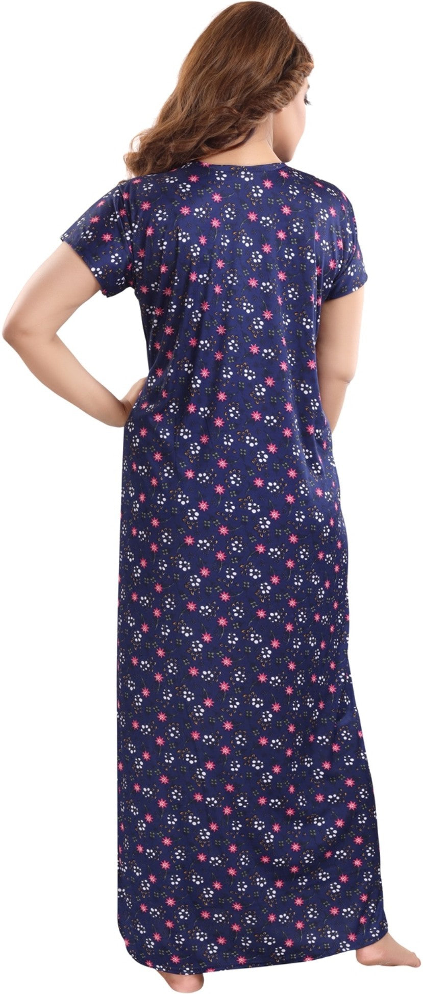 Fabme Women's Navy Blue Printed Sarina Satin / Polyester Full Length EveryDay Night Dress Nighty