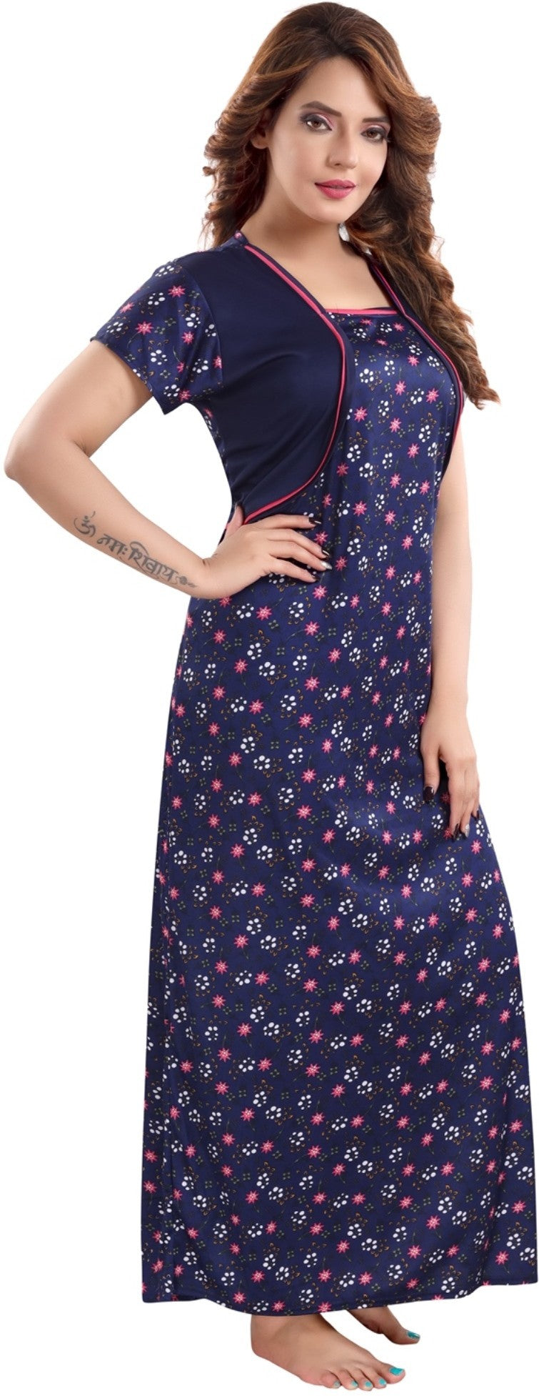 Fabme Women's Navy Blue Printed Sarina Satin / Polyester Full Length EveryDay Night Dress Nighty
