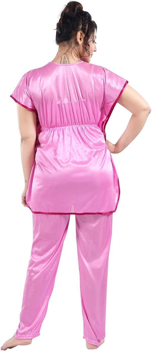 Fabme Women's Pink Plain Satin EveryDay Top and Pyjama Set
