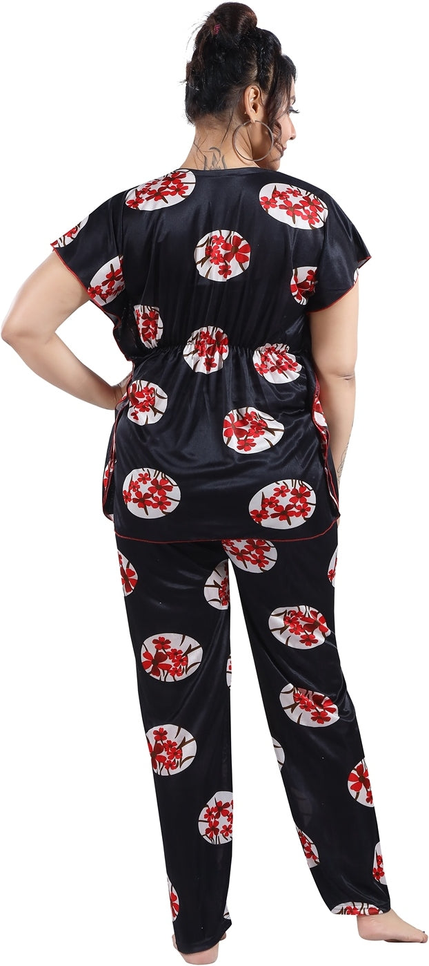 Fabme Women's Black Printed Satin EveryDay Top and Pyjama Set