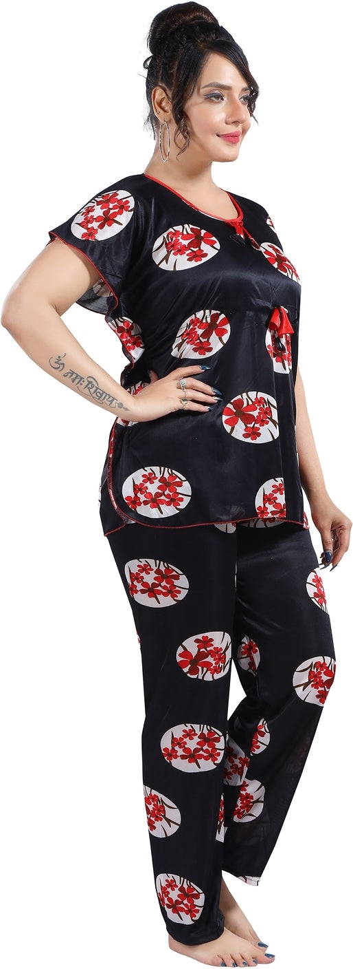 Fabme Women's Black Printed Satin EveryDay Top and Pyjama Set