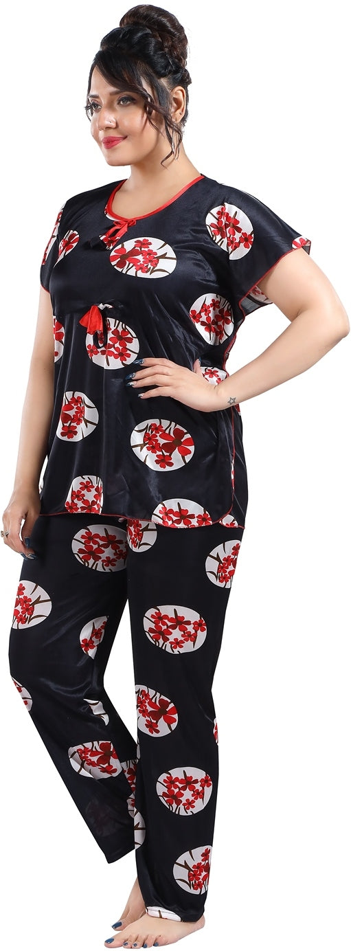 Fabme Women's Black Printed Satin EveryDay Top and Pyjama Set