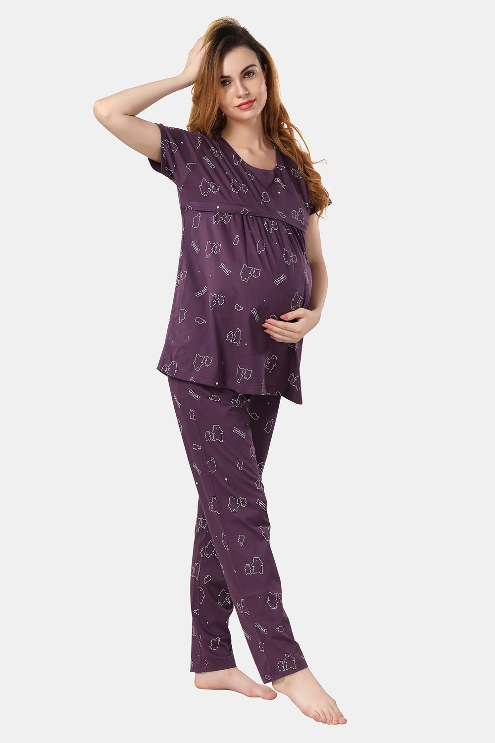 Fabme Women's Purple Horizontal Zip Pure Cotton Maternity Top and Pyjama Set