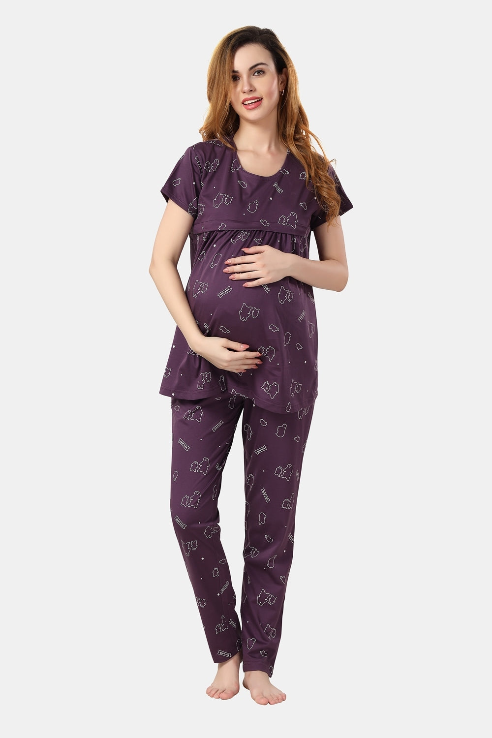 Fabme Women's Purple Horizontal Zip Pure Cotton Maternity Top and Pyjama Set