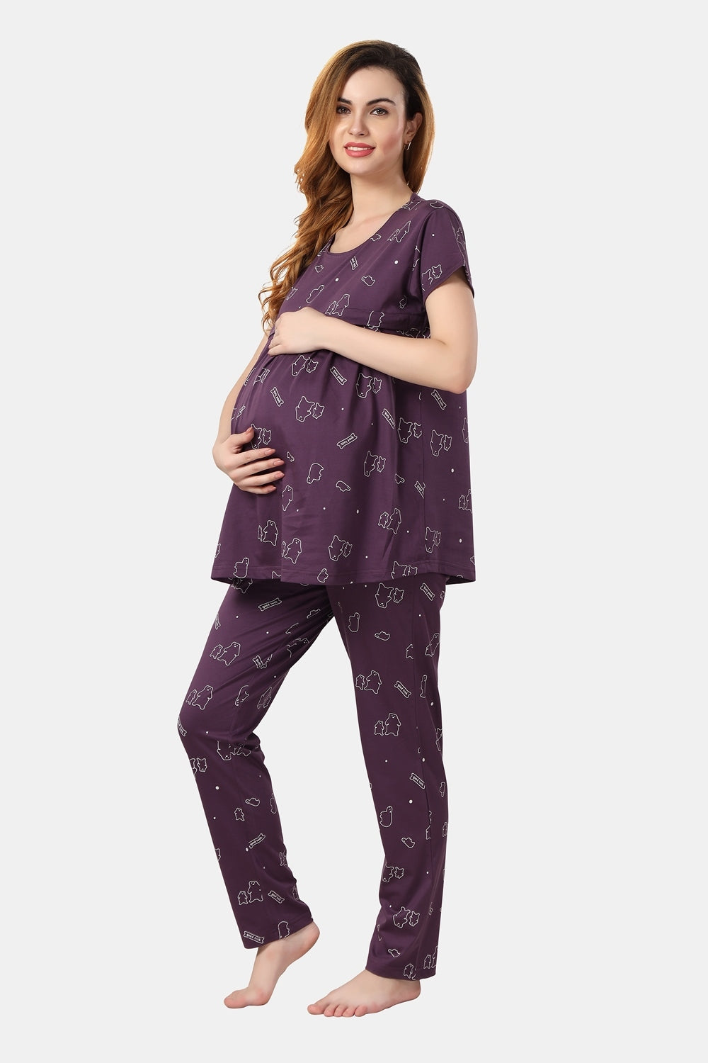 Fabme Women's Purple Horizontal Zip Pure Cotton Maternity Top and Pyjama Set