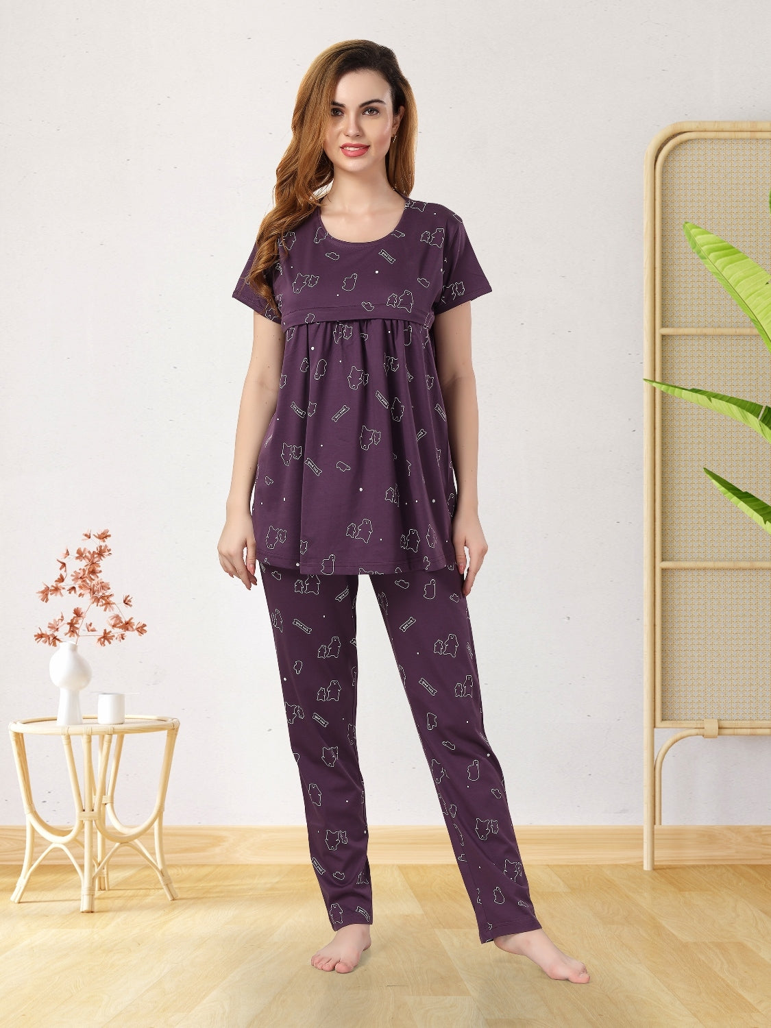 Fabme Women's Purple Horizontal Zip Pure Cotton Maternity Top and Pyjama Set