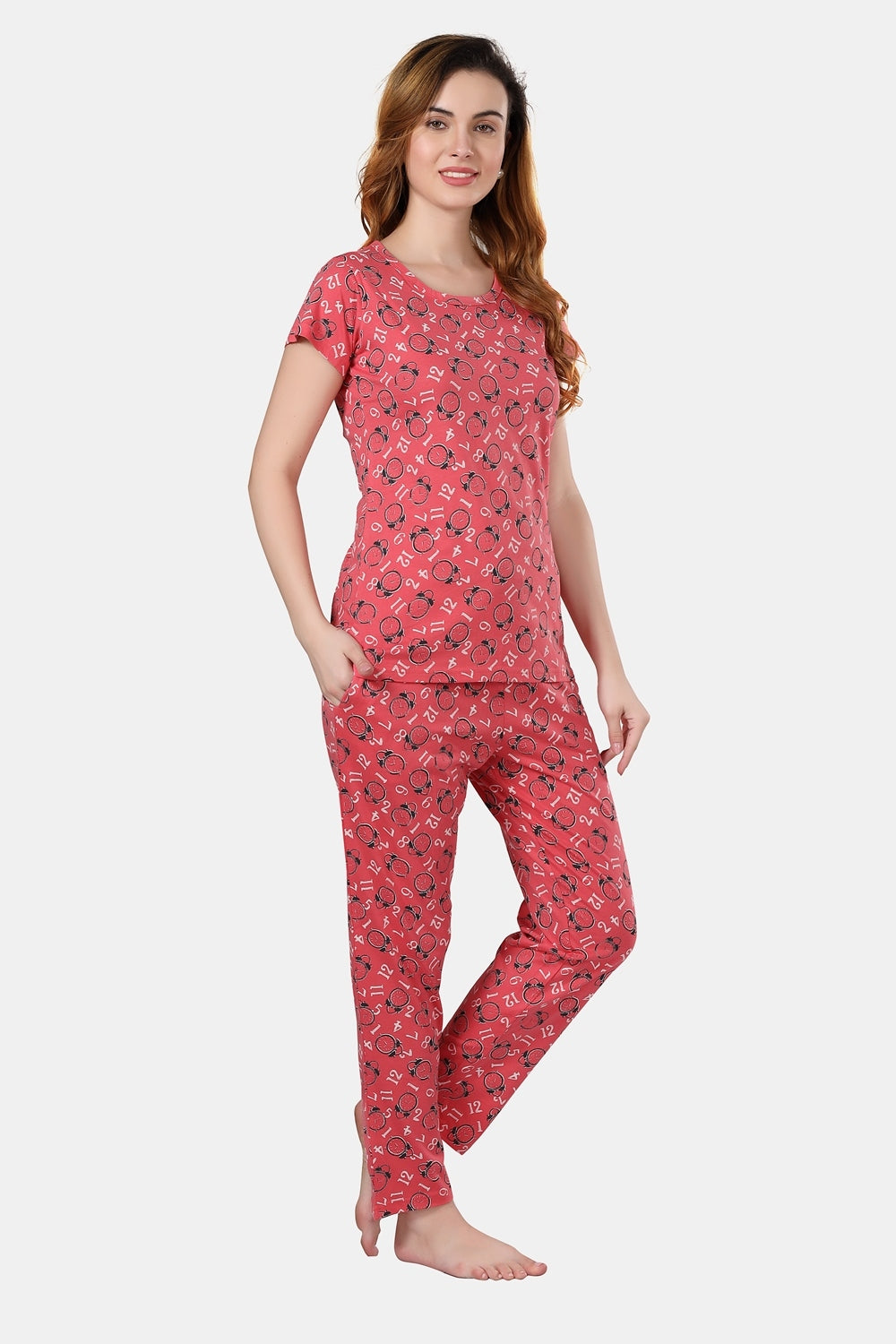 Fabme Women's Peach Printed Pure Cotton EveryDay Top and Pyjama Set