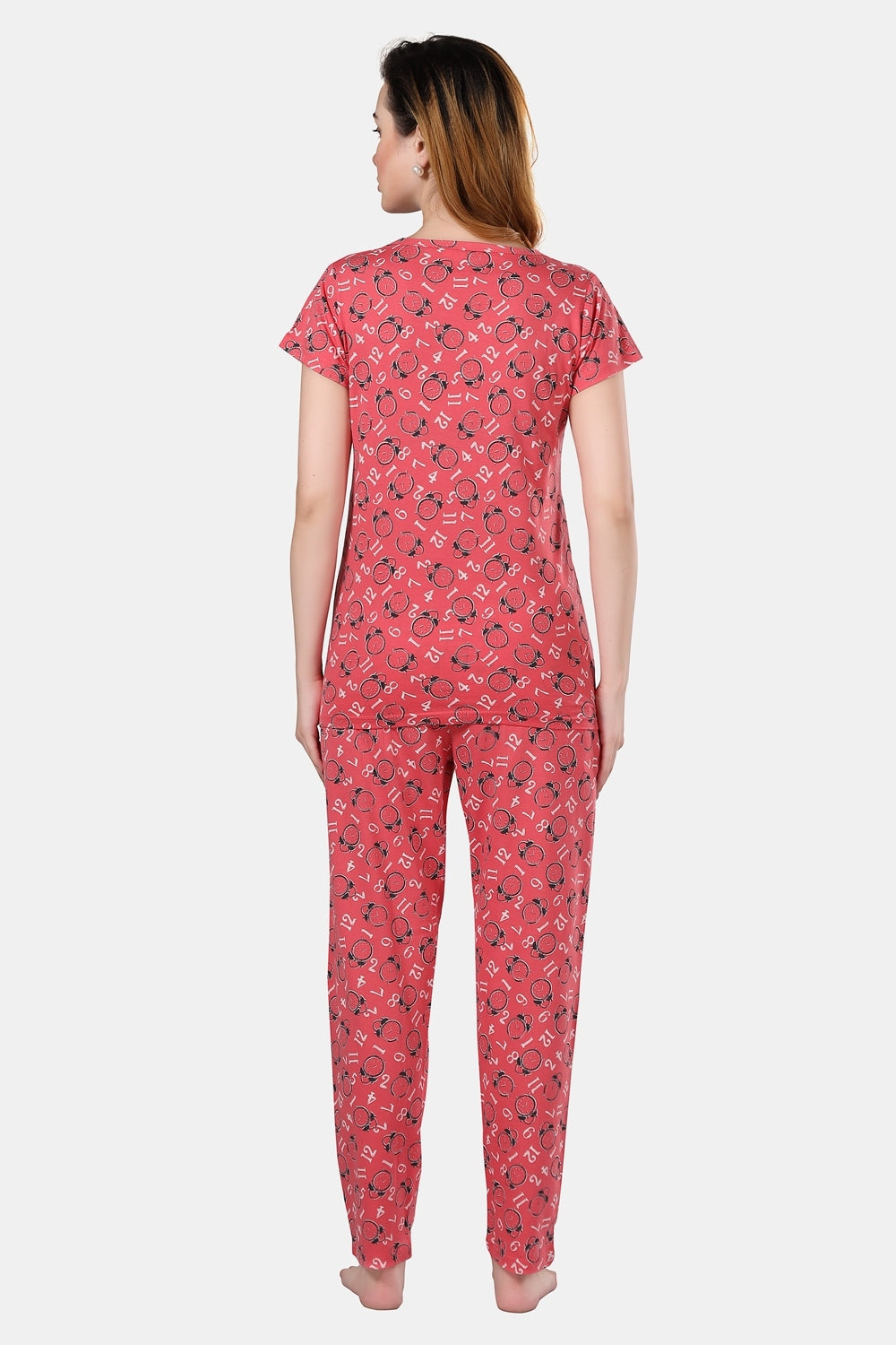 Fabme Women's Peach Printed Pure Cotton EveryDay Top and Pyjama Set