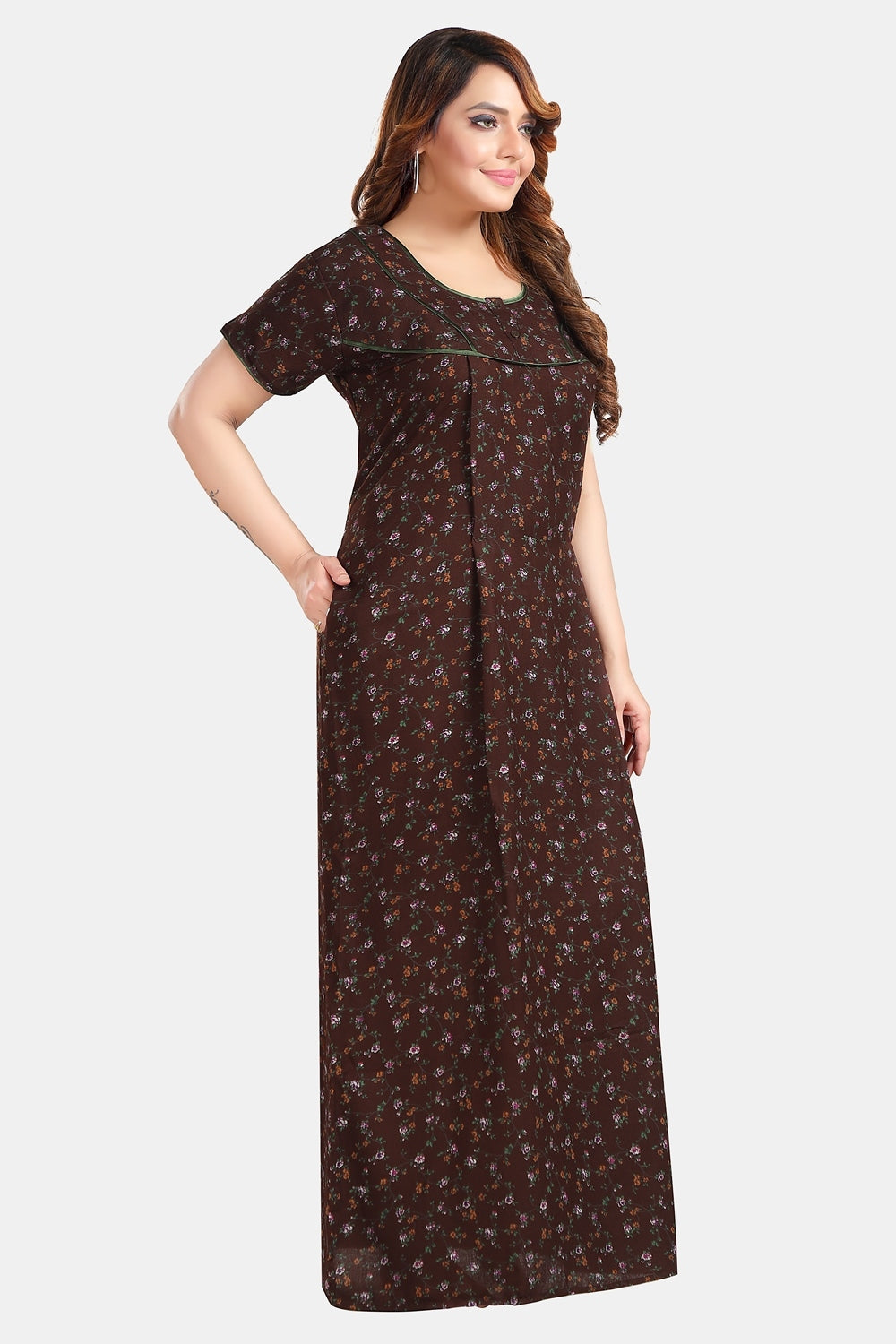 Fabme Women's Chocolate Horizontal Zip Alpine Cotton Full Length Maternity Night Dress Nighty