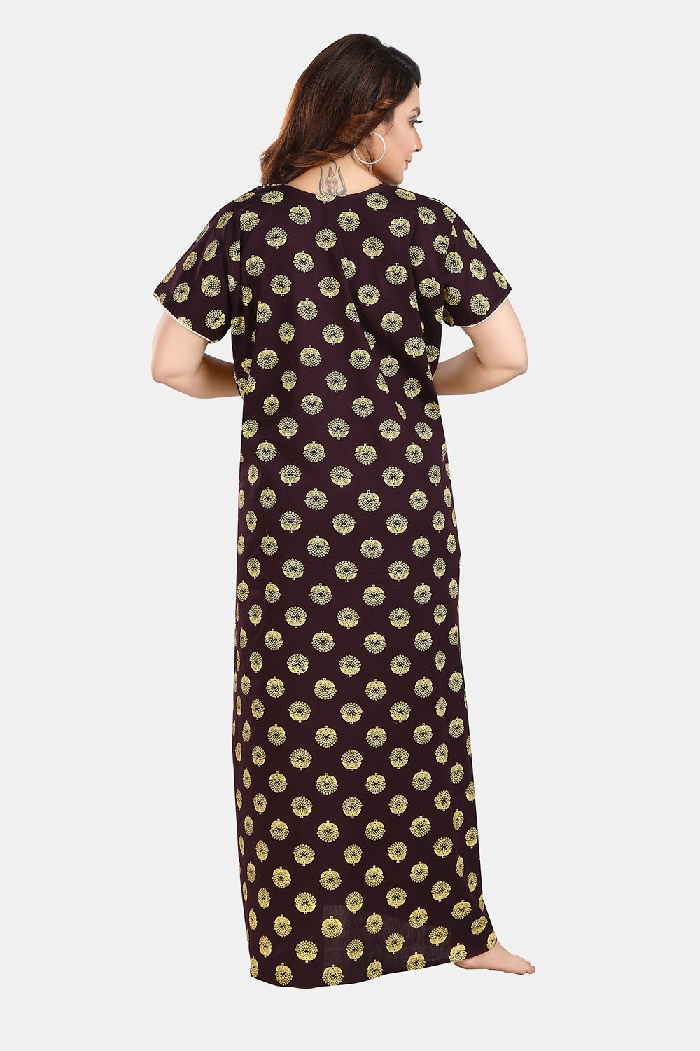 Fabme Women's Purple Mirror Work Cotton Full Length EveryDay Night Dress Nighty