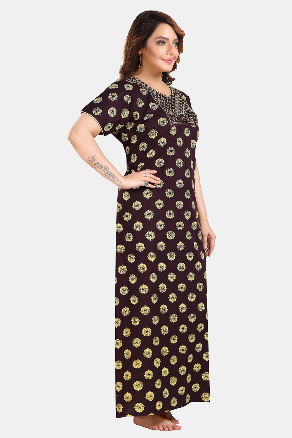 Fabme Women's Purple Mirror Work Cotton Full Length EveryDay Night Dress Nighty