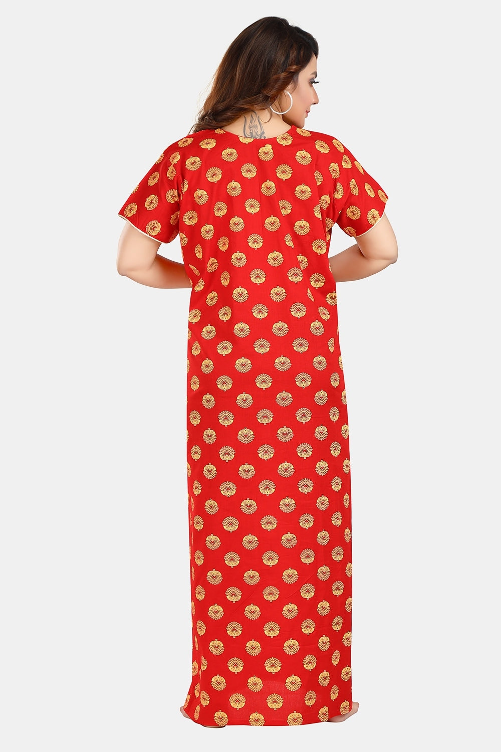 Fabme Women's Red Mirror Work Cotton Full Length EveryDay Night Dress Nighty