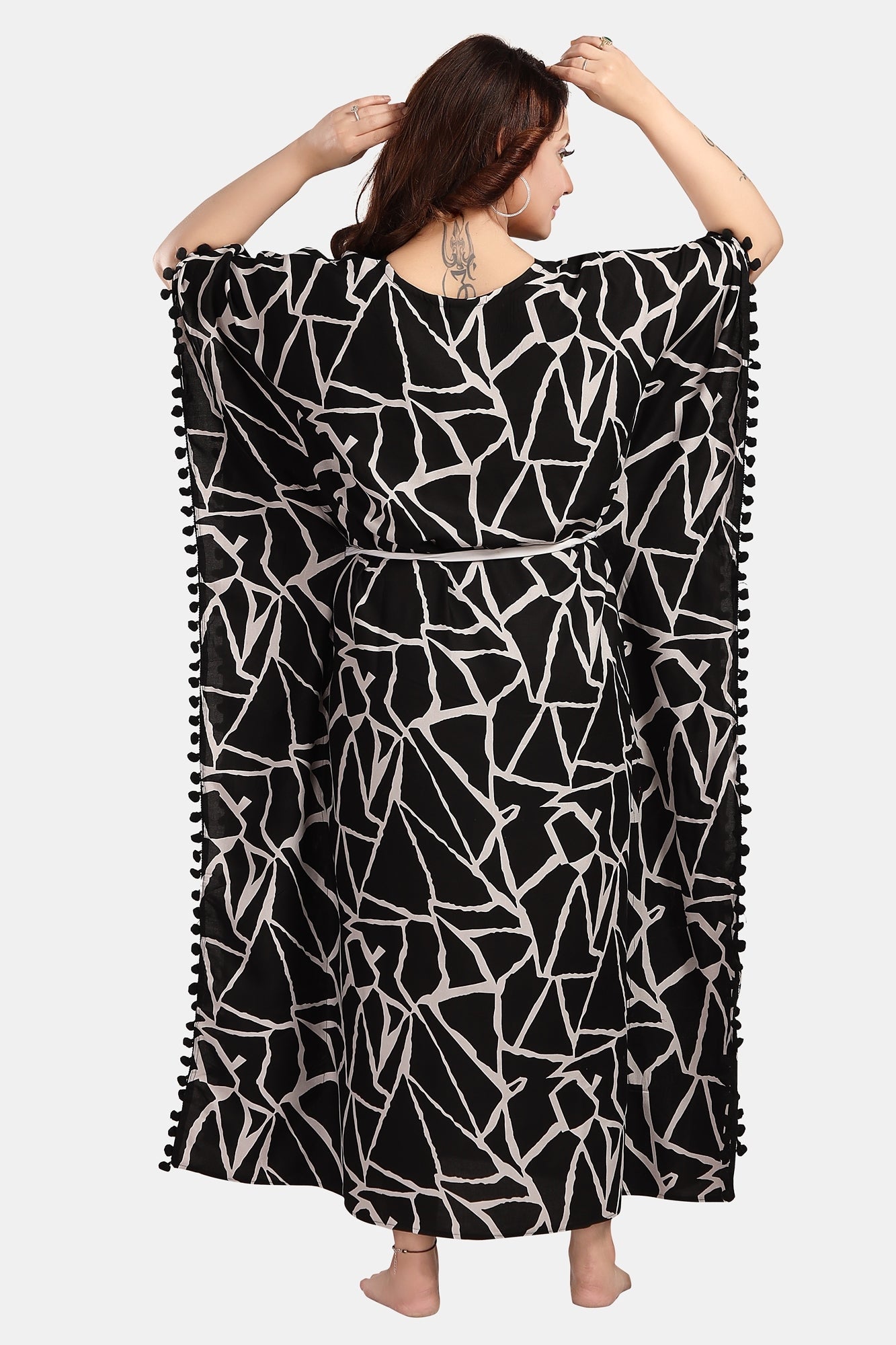 Fabme Women's Black Rich Kaftan, Tassel Border Rayon Full Length EveryDay Night Dress Nighty