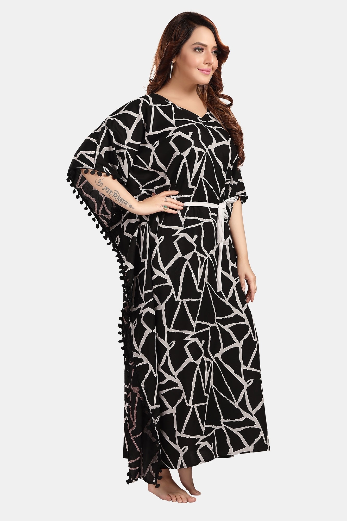 Fabme Women's Black Rich Kaftan, Tassel Border Rayon Full Length EveryDay Night Dress Nighty
