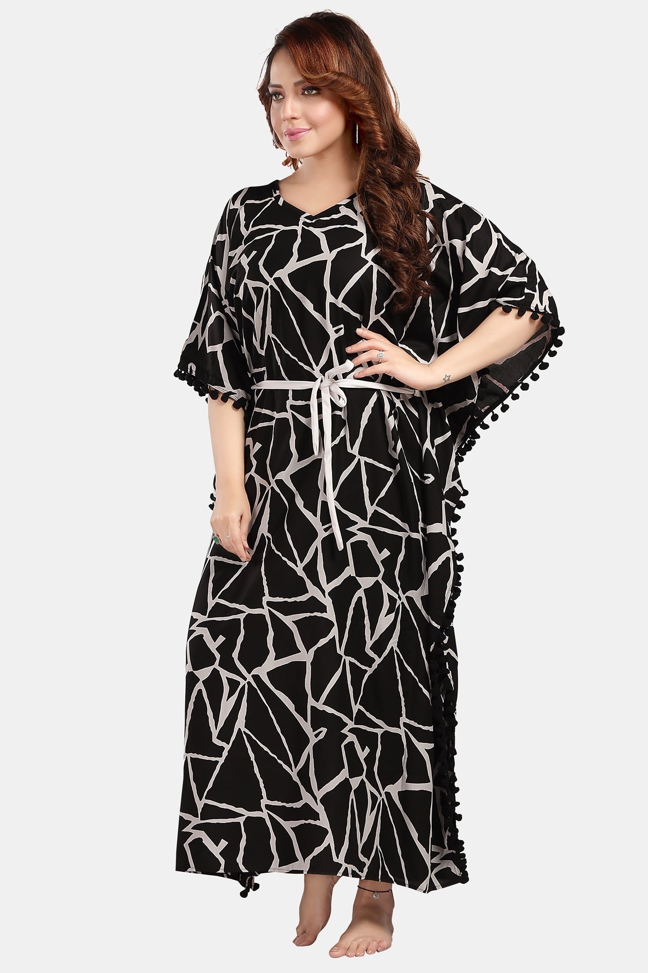 Fabme Women's Black Rich Kaftan, Tassel Border Rayon Full Length EveryDay Night Dress Nighty