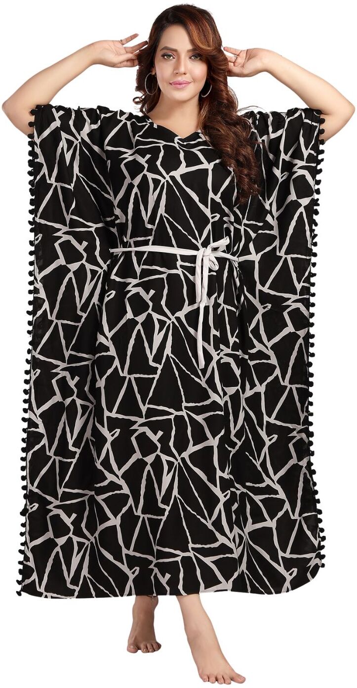Fabme Women's Black Rich Kaftan, Tassel Border Rayon Full Length EveryDay Night Dress Nighty