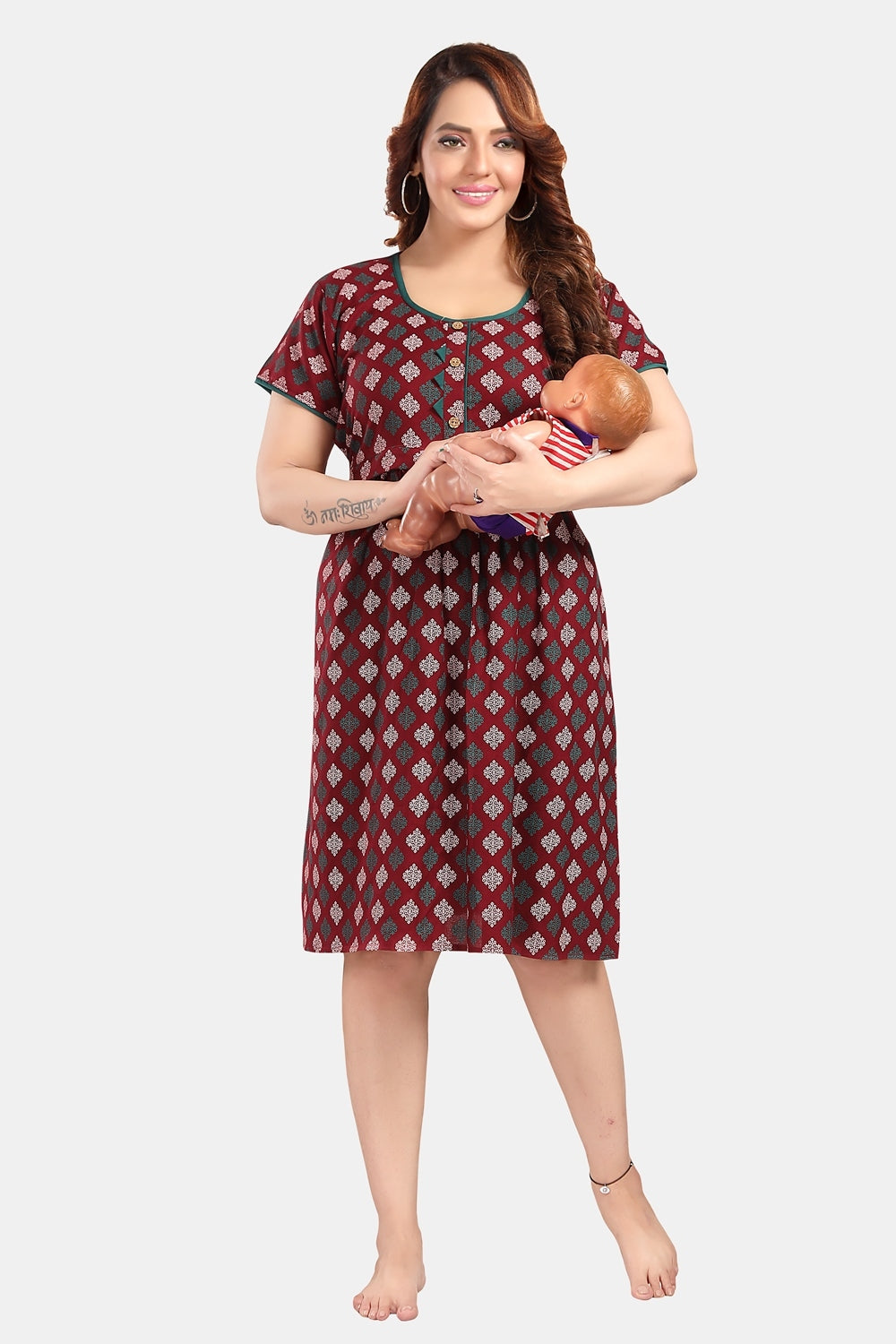 Fabme Women's Maroon Horizontal Zip Alpine Cotton Knee Length Maternity Night Dress Nighty