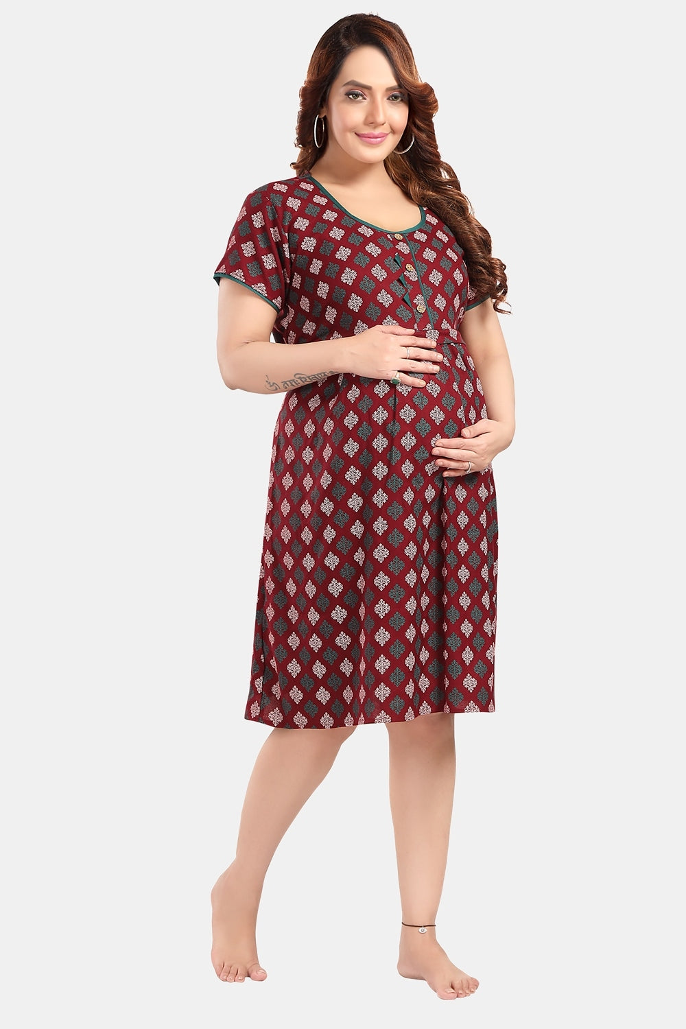 Fabme Women's Maroon Horizontal Zip Alpine Cotton Knee Length Maternity Night Dress Nighty