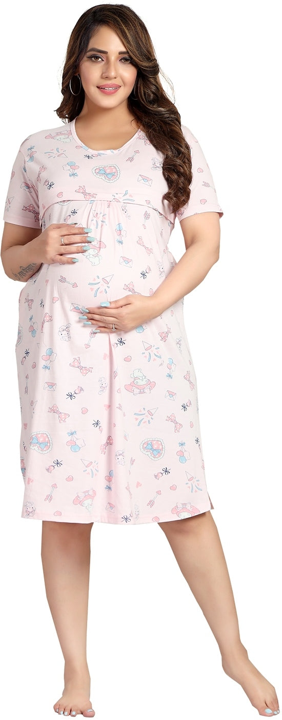 Fabme Women's Pink Horizontal Zip Pure Cotton Knee Length Maternity Night Dress Nighty