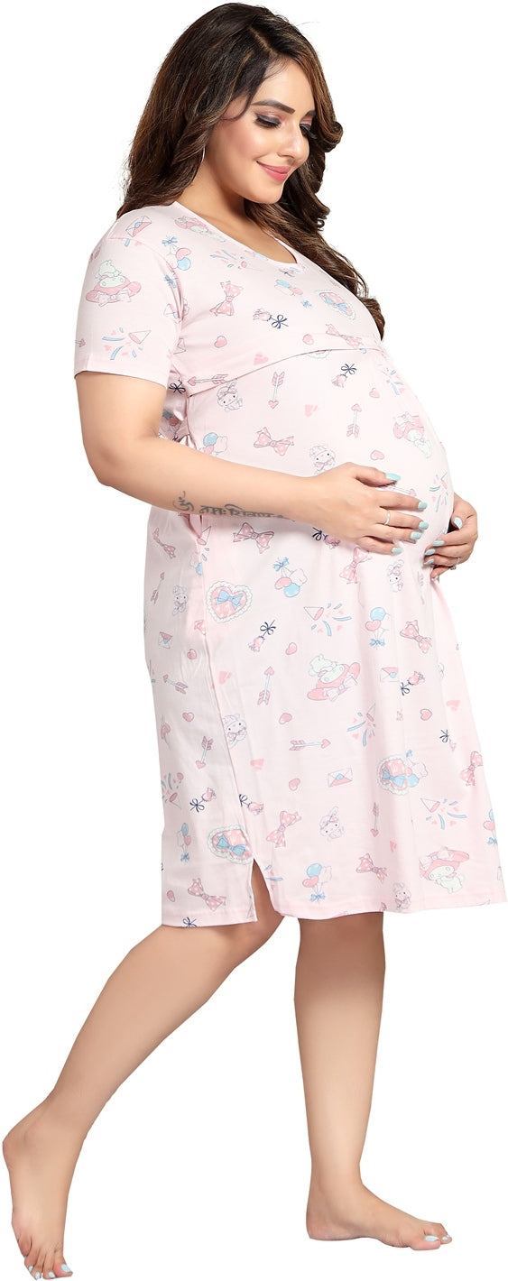Fabme Women's Pink Horizontal Zip Pure Cotton Knee Length Maternity Night Dress Nighty