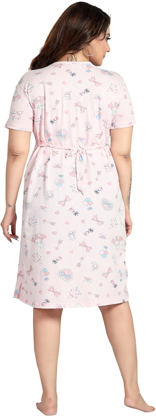 Fabme Women's Pink Horizontal Zip Pure Cotton Knee Length Maternity Night Dress Nighty