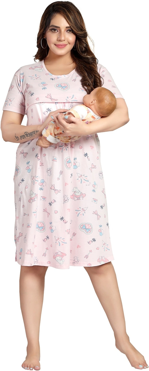 Fabme Women's Pink Horizontal Zip Pure Cotton Knee Length Maternity Night Dress Nighty