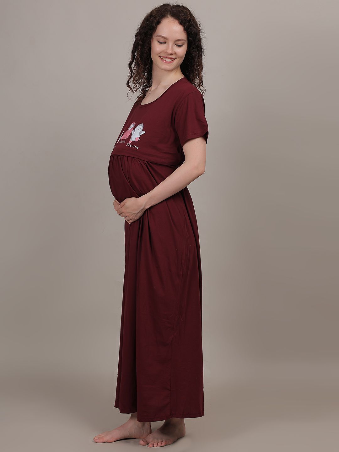 Fabme Women's Full Length Printed Pre and Post Pregnancy Pure Cotton Nursing Nightdress Nighty - Purple