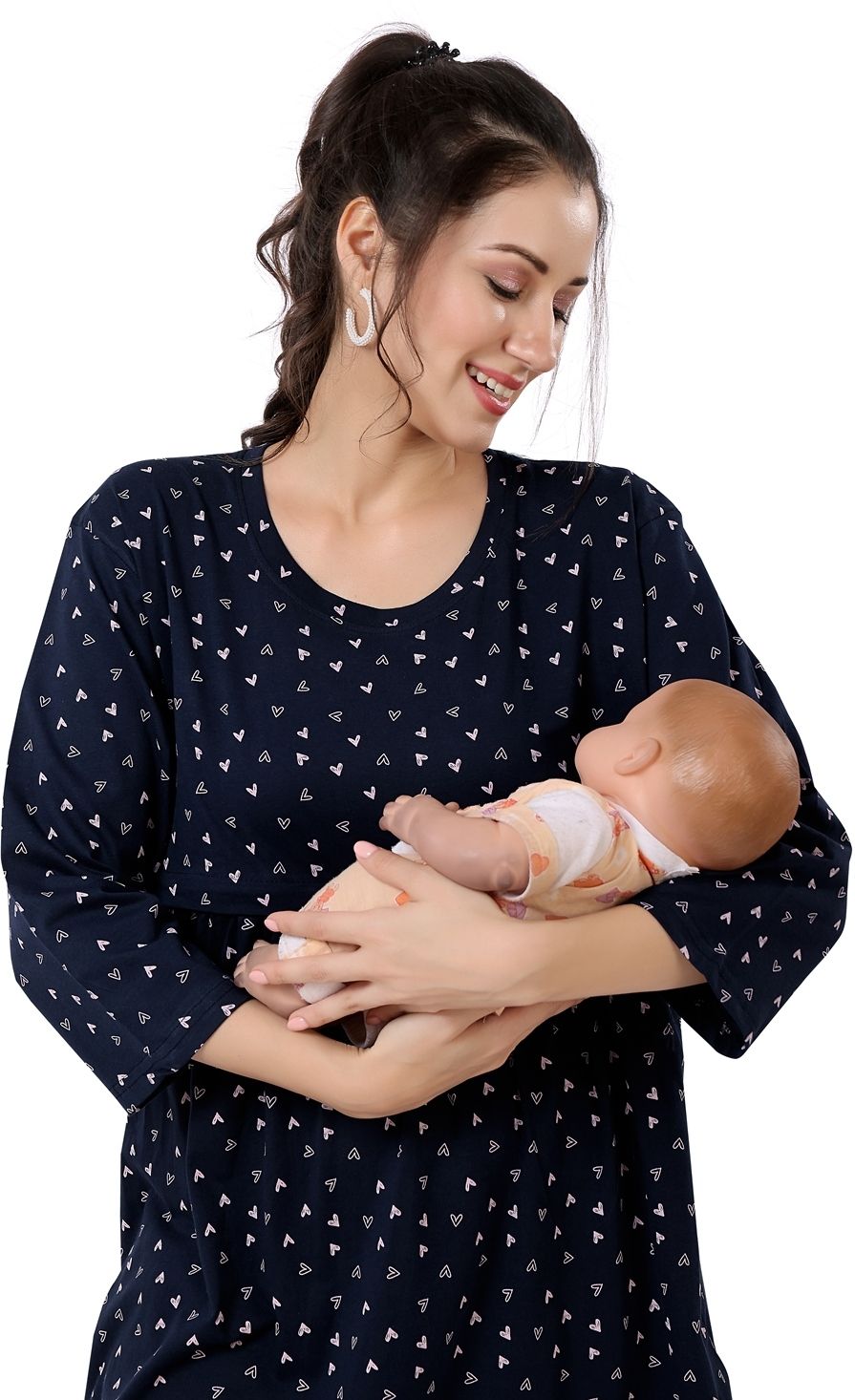 Fabme Women's Three Fourth Sleeves Pre and Post Pregnancy Nursing Night Suit, Navy Blue