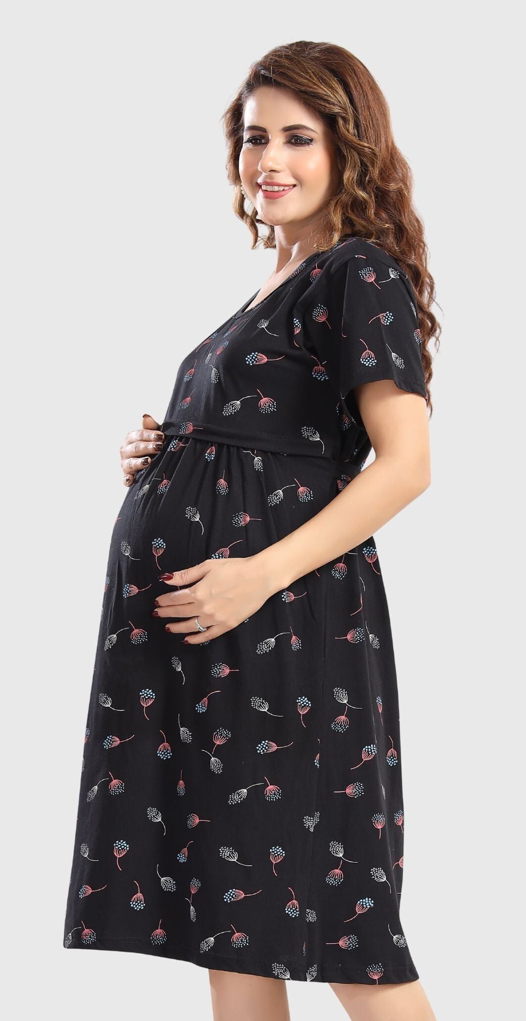 Fabme Women's Pre and Post Pregnancy Below Knee Length Nursing Nighty - Black