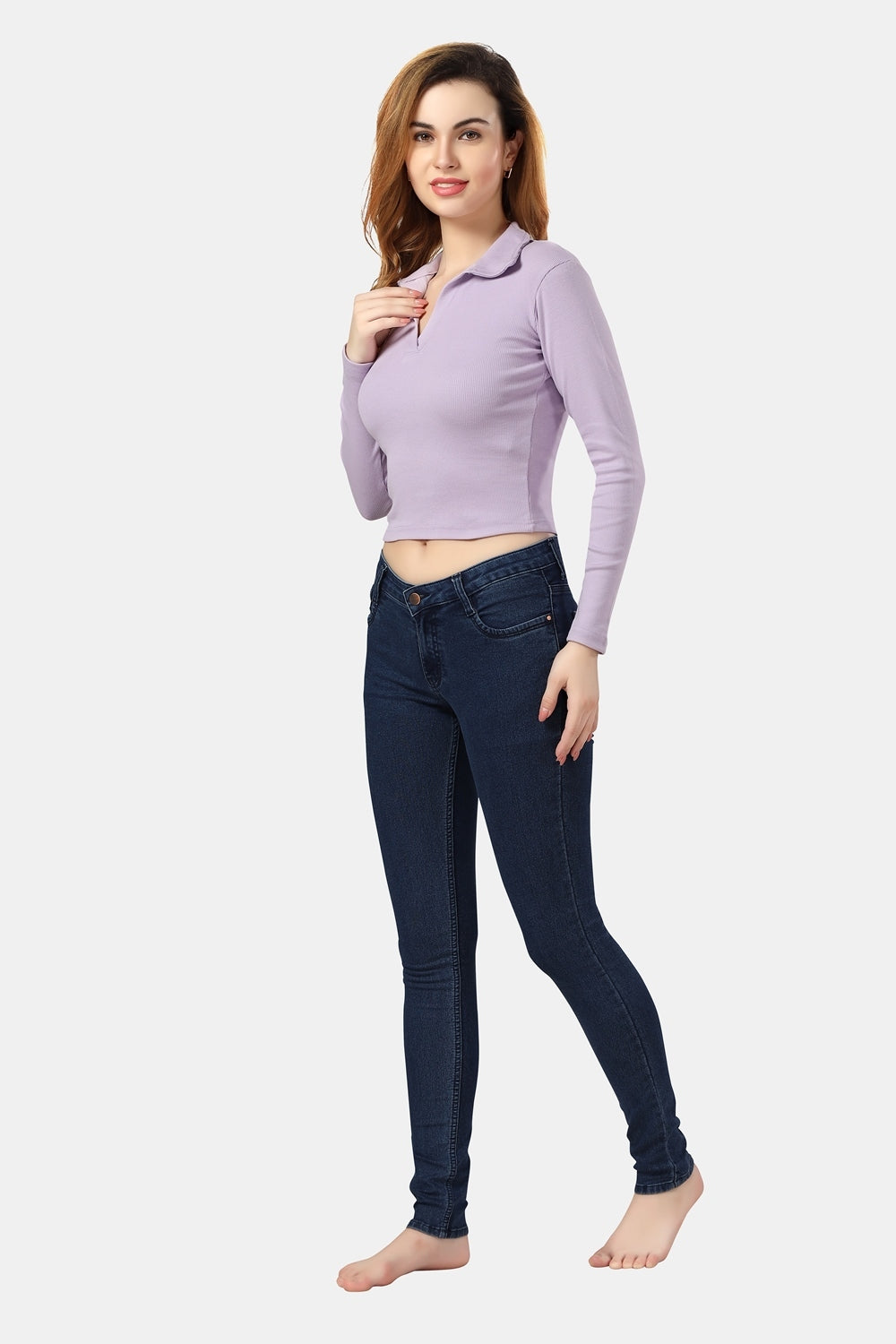 Fabme Women's Rib Lavender Polo Neck Crop Top