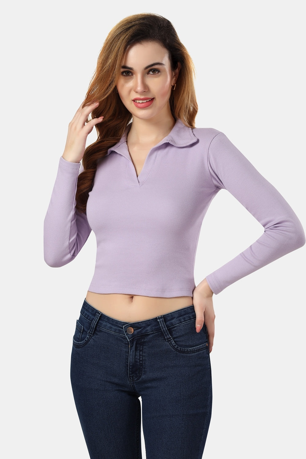 Fabme Women's Rib Lavender Polo Neck Crop Top