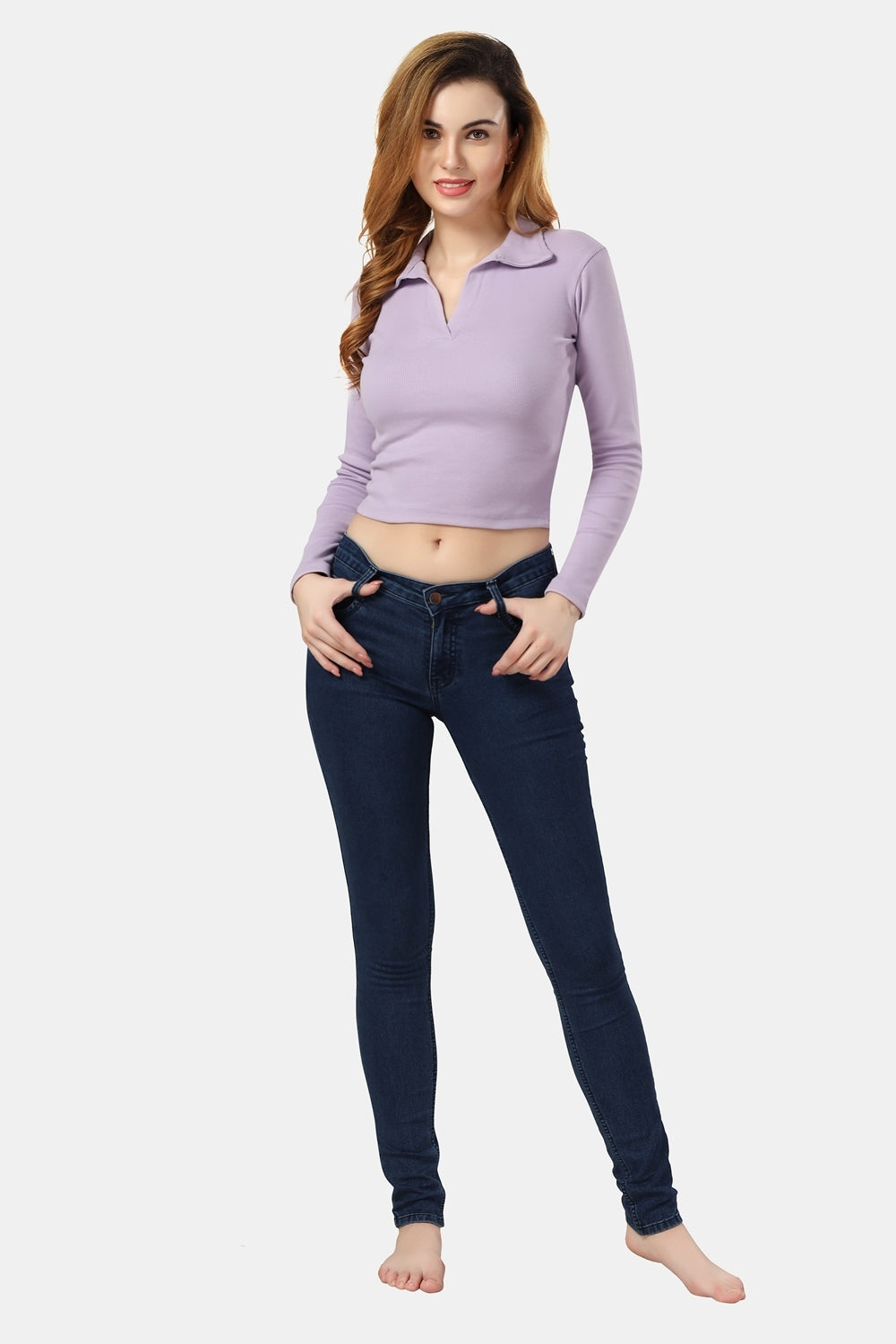 Fabme Women's Rib Lavender Polo Neck Crop Top