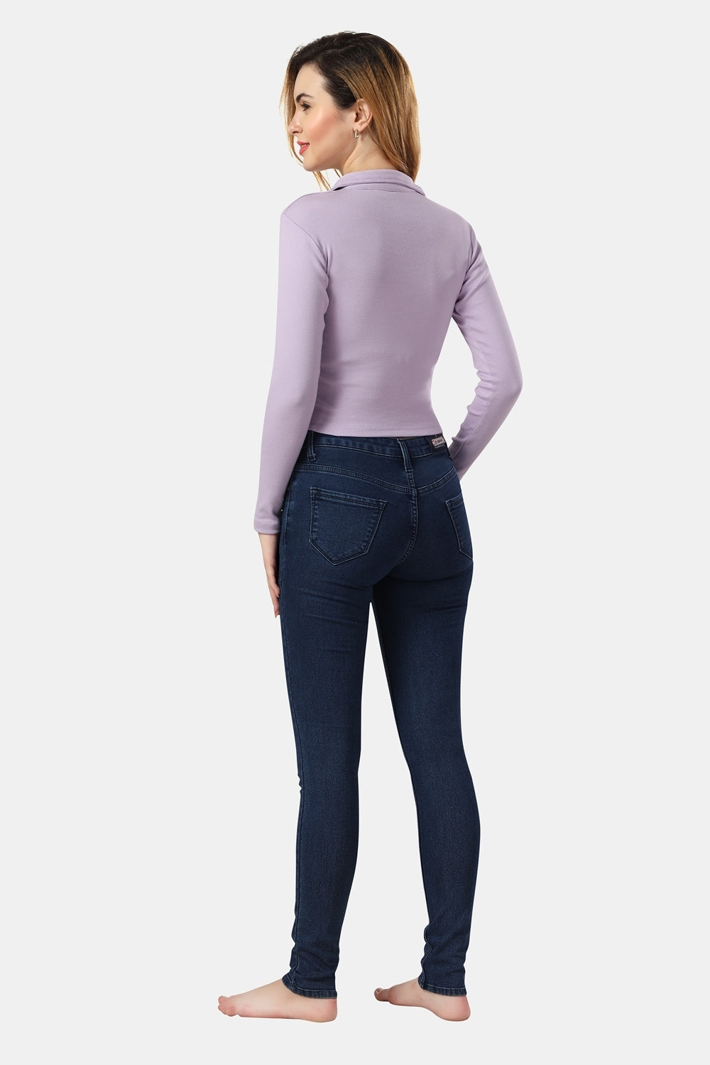 Fabme Women's Rib Lavender Polo Neck Crop Top