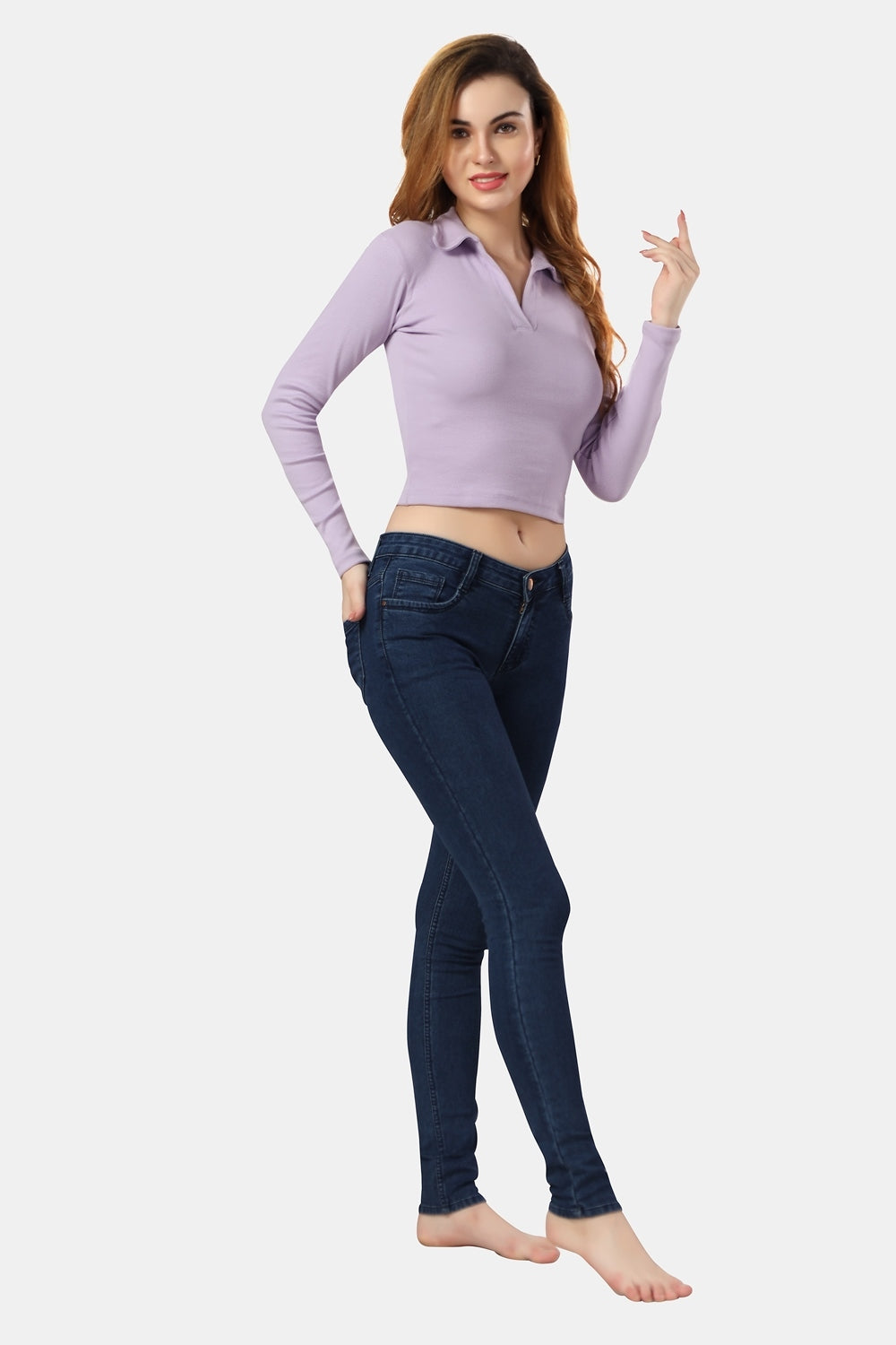 Fabme Women's Rib Lavender Polo Neck Crop Top