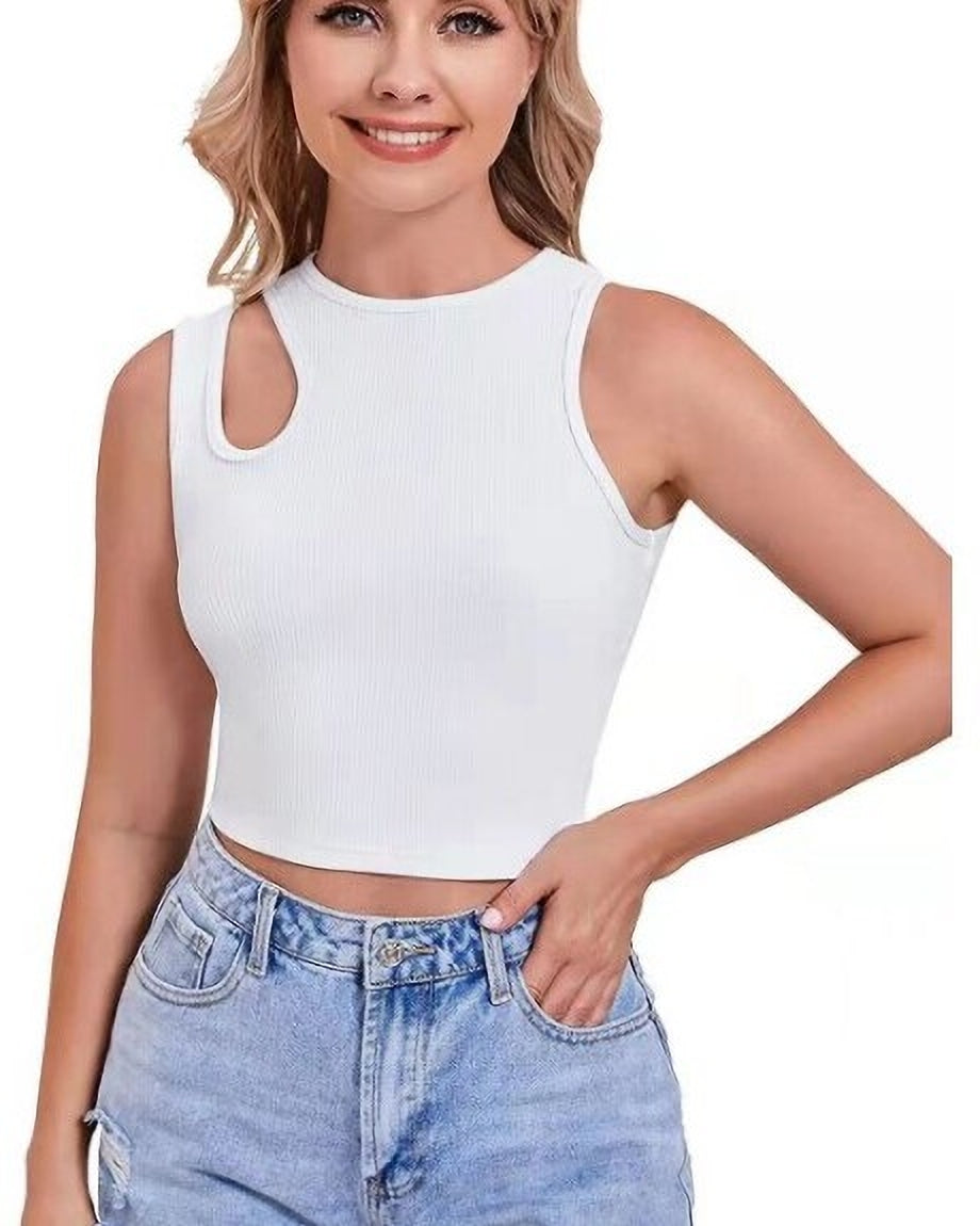 Fabme Women's Rib White Styled Neck Crop Top